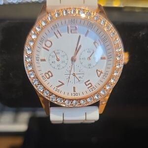 Crystal-Trim Rose Gold Watch with White Strap